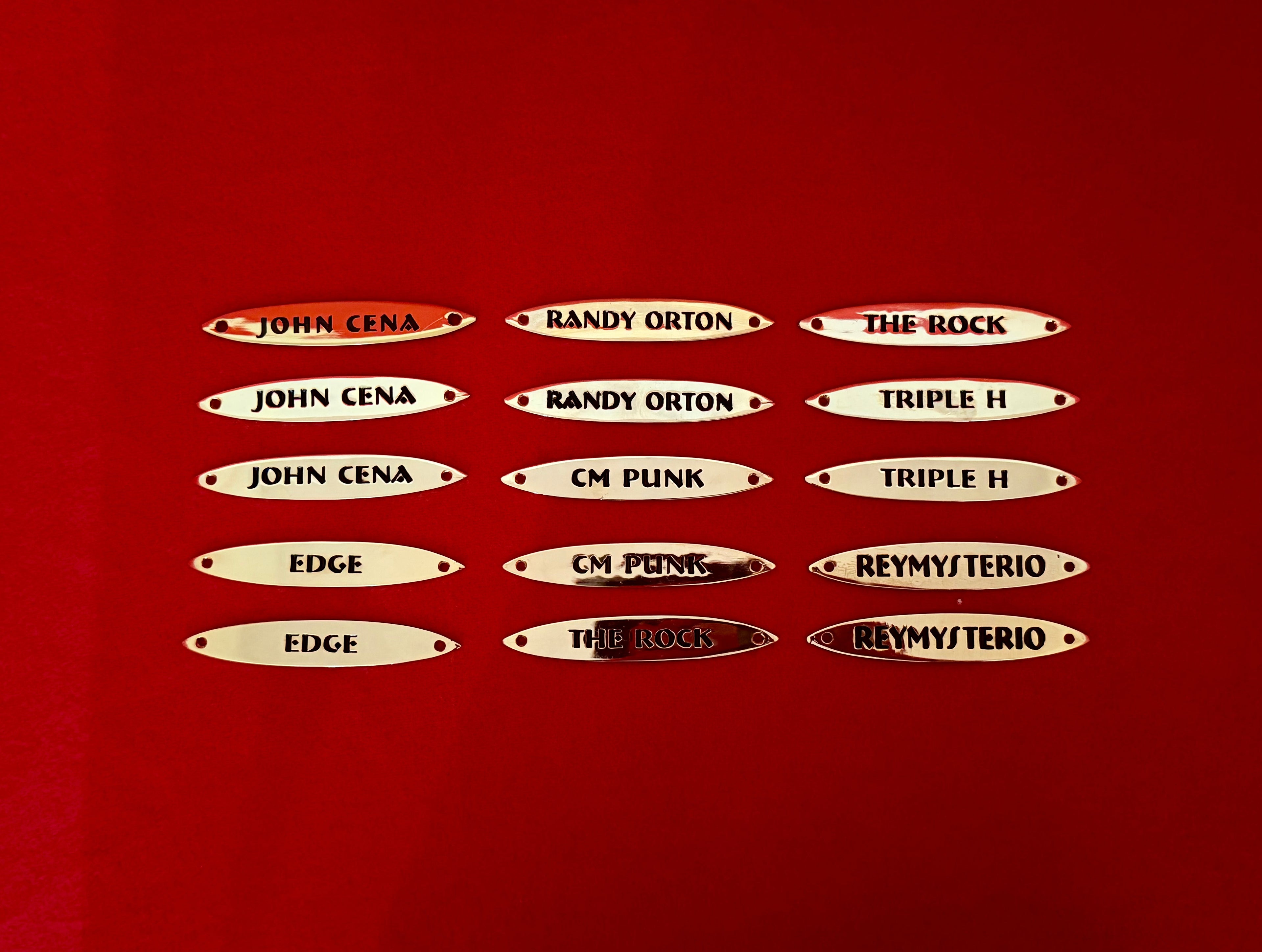 Names of wrestlers on gold nameplates against a red background